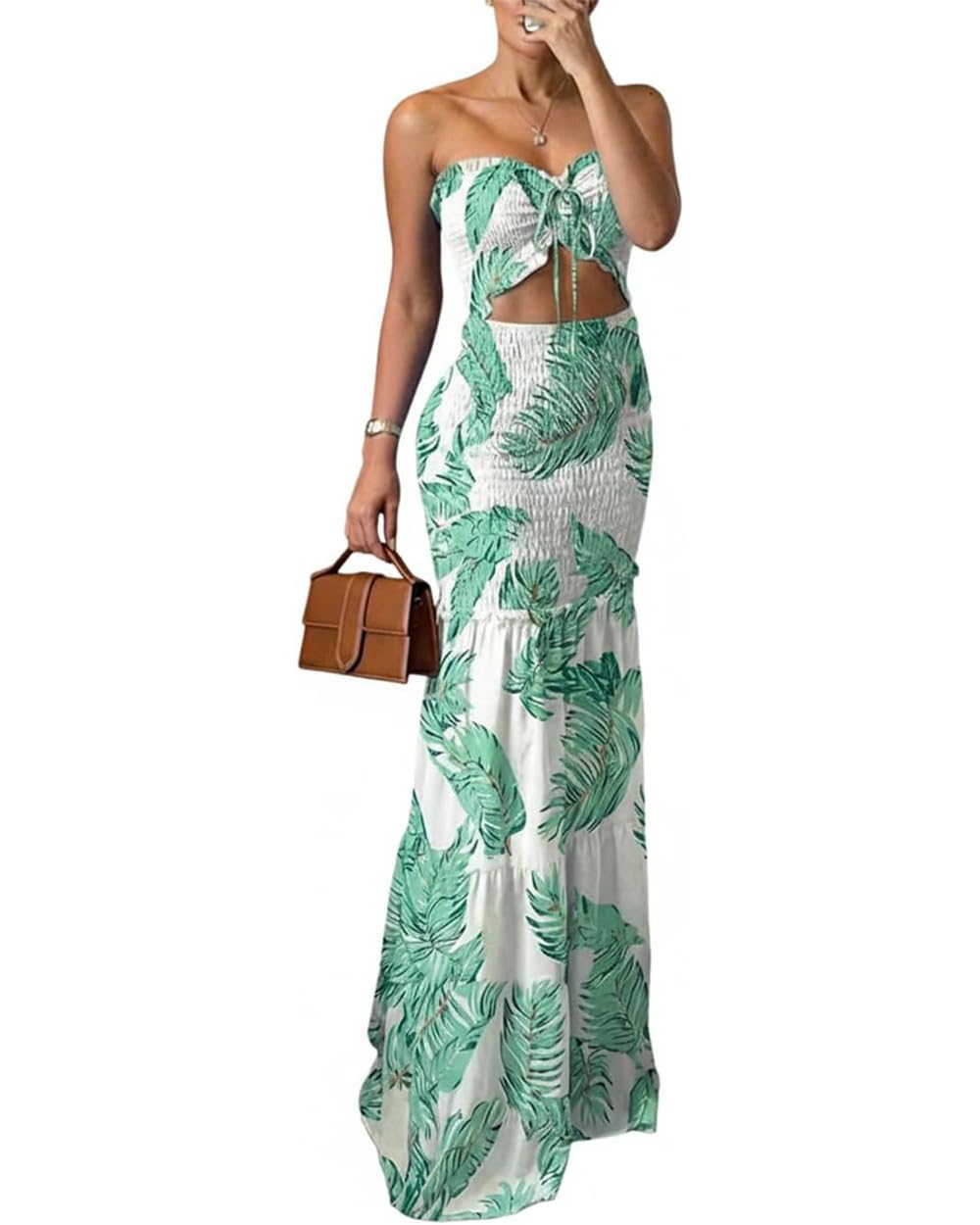 CHICME Floral Printed Vacation Dress Halter Tie Ruched Shirred Bandeau Party Dress Slim Ruffle Hem Wedding Guest Dress