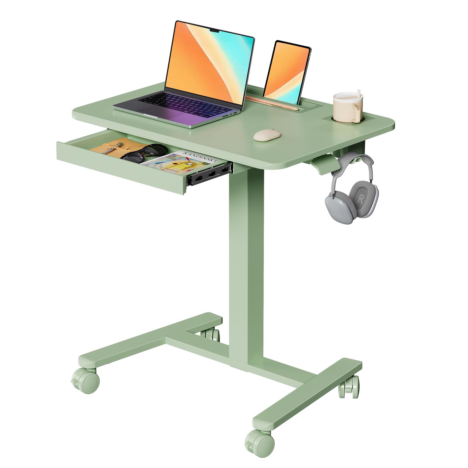 Small Mobile Standing Desk with Drawer, 23.6"x19.7" Rolling Laptop Cart on Wheels, Height Adjustable Sit Stand Computer Workstation with Storage for Compact Space, Black