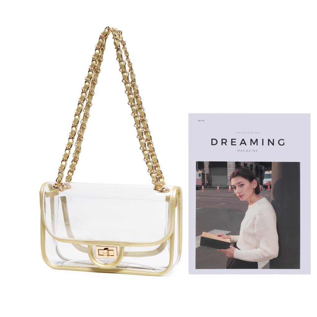 Womens PVC Clear Purse Handbag with Chain Stadium Approved Clear Bag See Through Bag for Working and Concert
