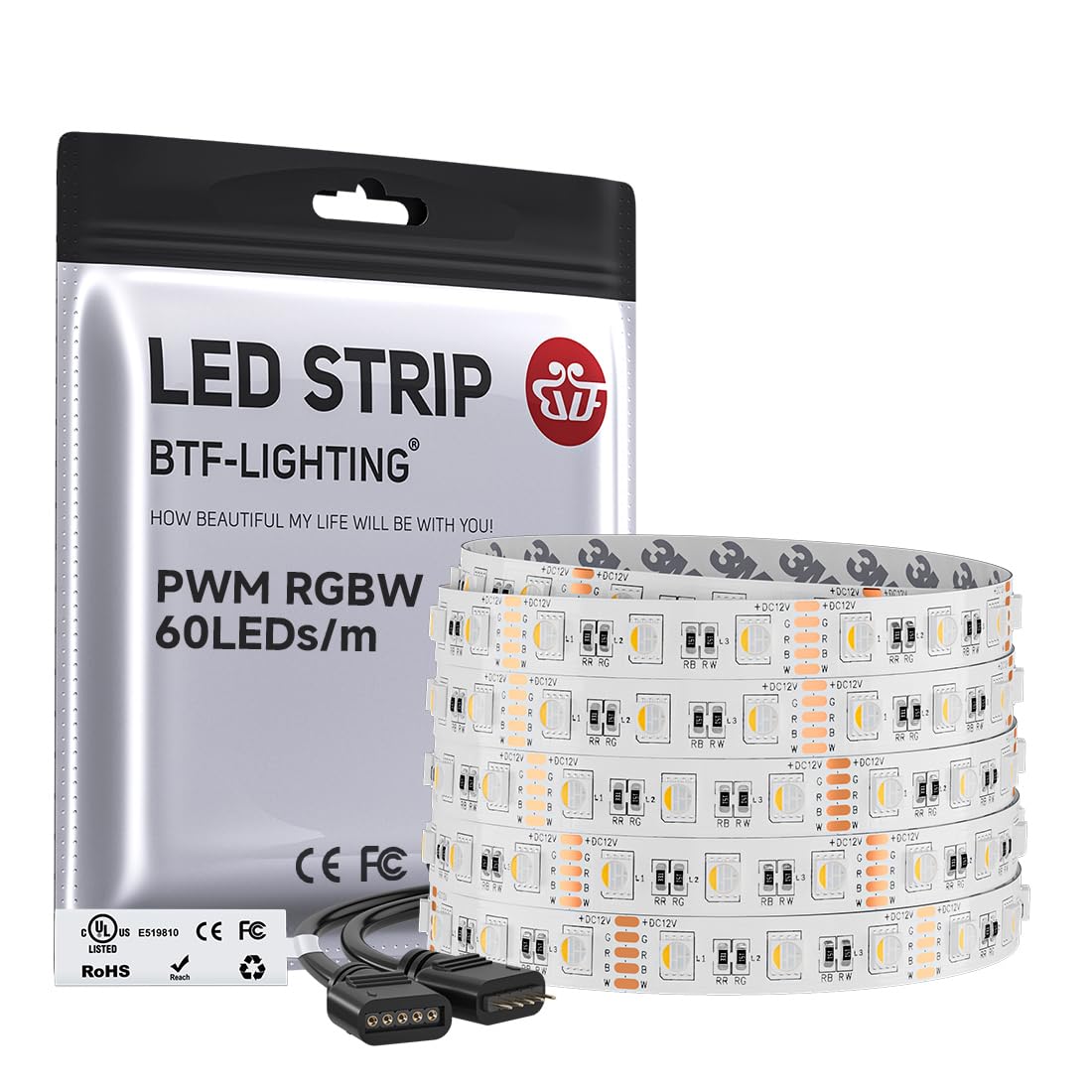 BTF-LIGHTING RGBW LED Strip Lights,UL Listed,5050 4 Colors in 1 RGB + 2700K-3000K Warm White,12V DC,16.4ft/5m 60LEDs/m 12mm White PCB, IP30 for Home Decoration(No Adapter or Controller)