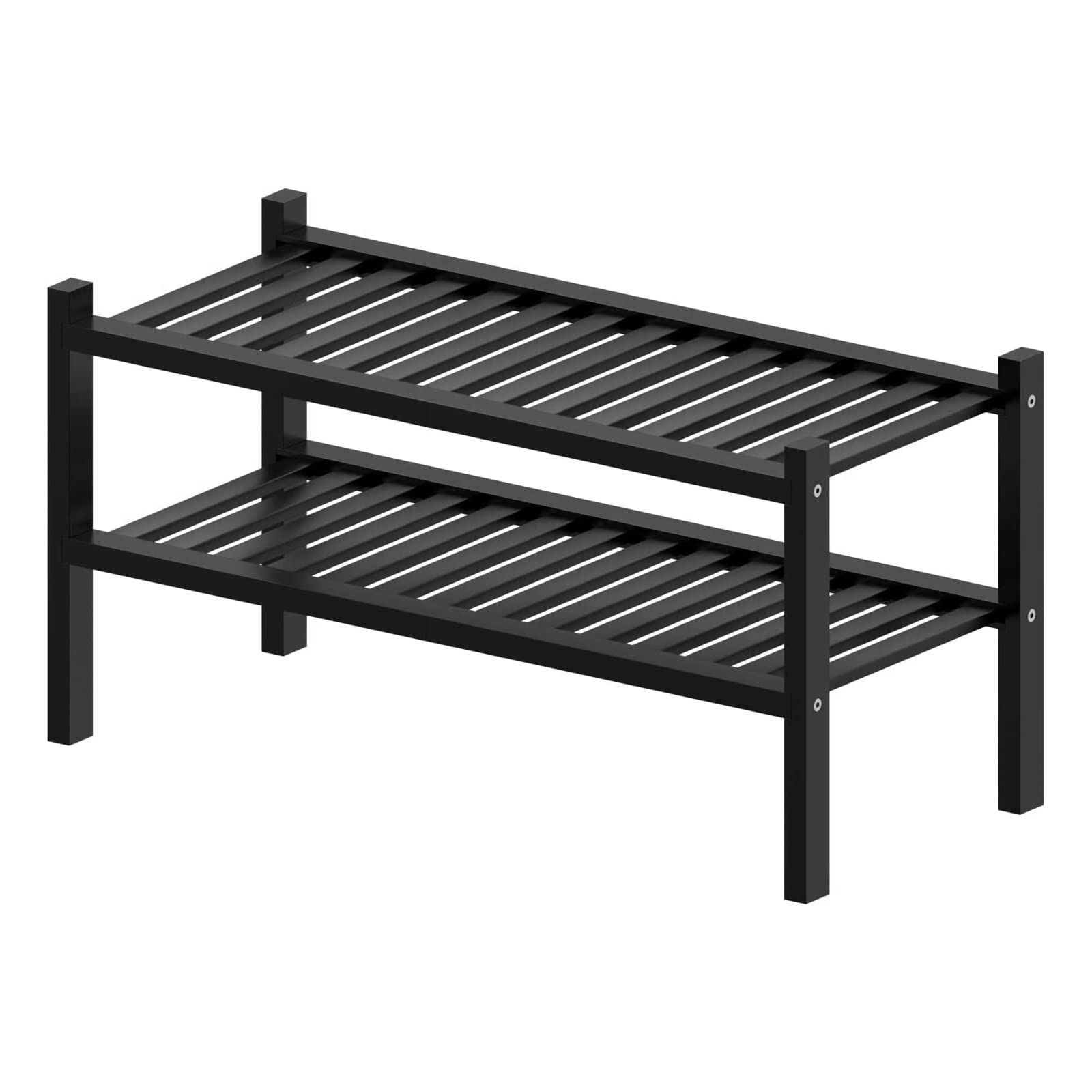 ROMGUAR CRAFT 2-Tier Bamboo Long Shoe Rack, Free Standing Wood Shoe Shelf Storage Organizer for Closet Entryway Stackable 35"x11"x13" (Black)