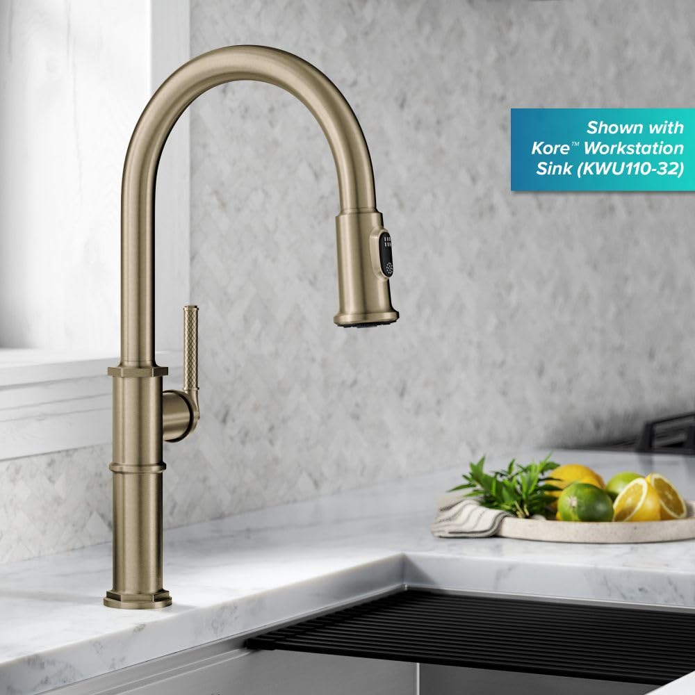 KRAUS Allyn Transitional Bridge Kitchen Faucet with Pull-Down Sprayhead in Brushed Gold, KPF-3121BG