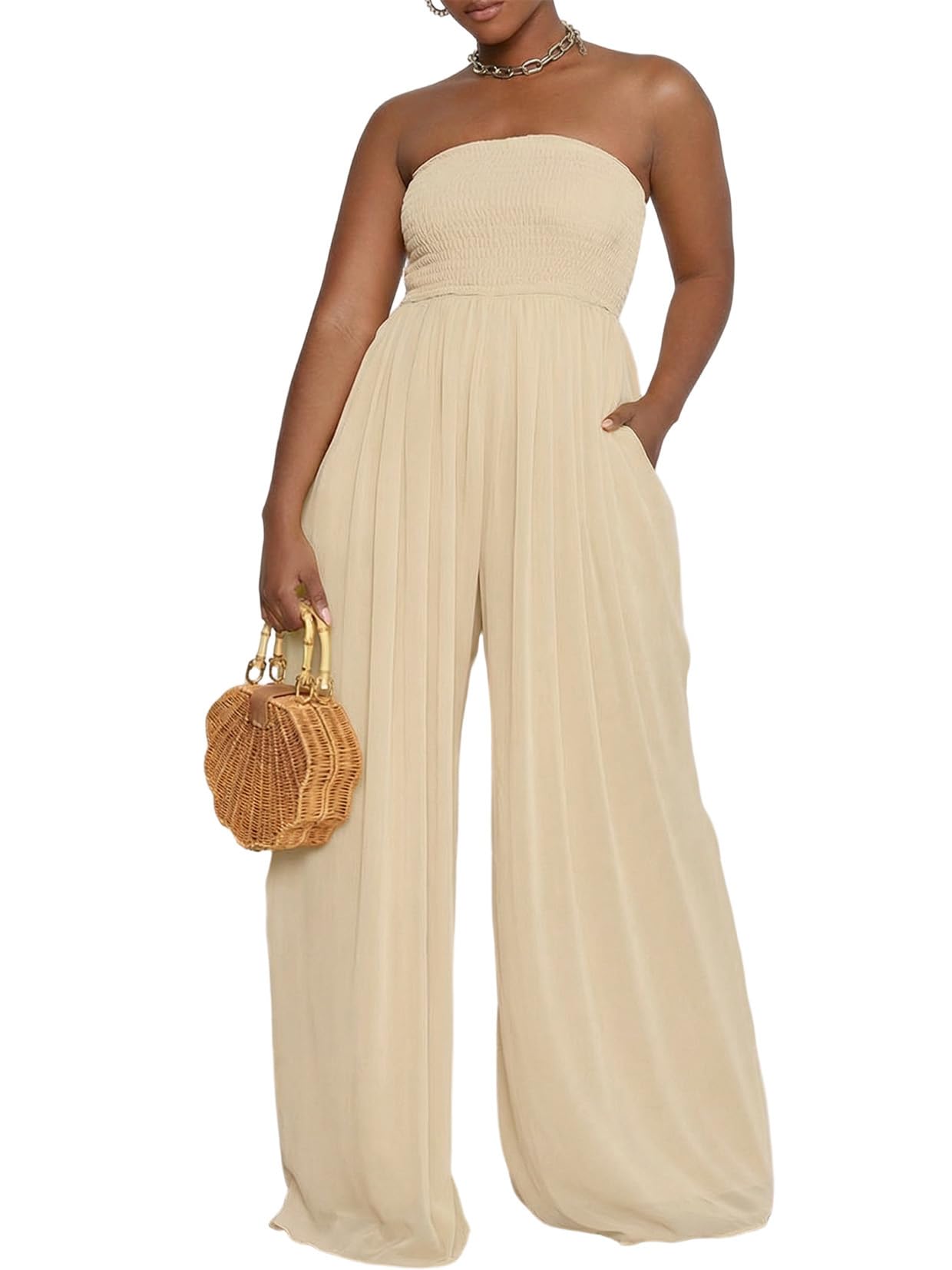 Ophestin Women's Strapless Tube Wide Leg Jumpsuits Smocked Women Jumpsuits Dressy Casual Flowy One Piece Jumpsuits Rompers