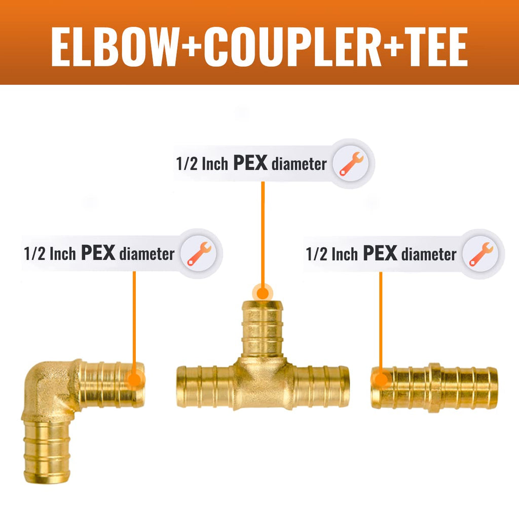 SUNGATOR 15-Pack 1/2 Inch PEX Fittings, 5 Each Elbow Tee Coupling, No Lead Brass, Pex Fittings 1/2 Inch Assortment, UPC, NSF Certified
