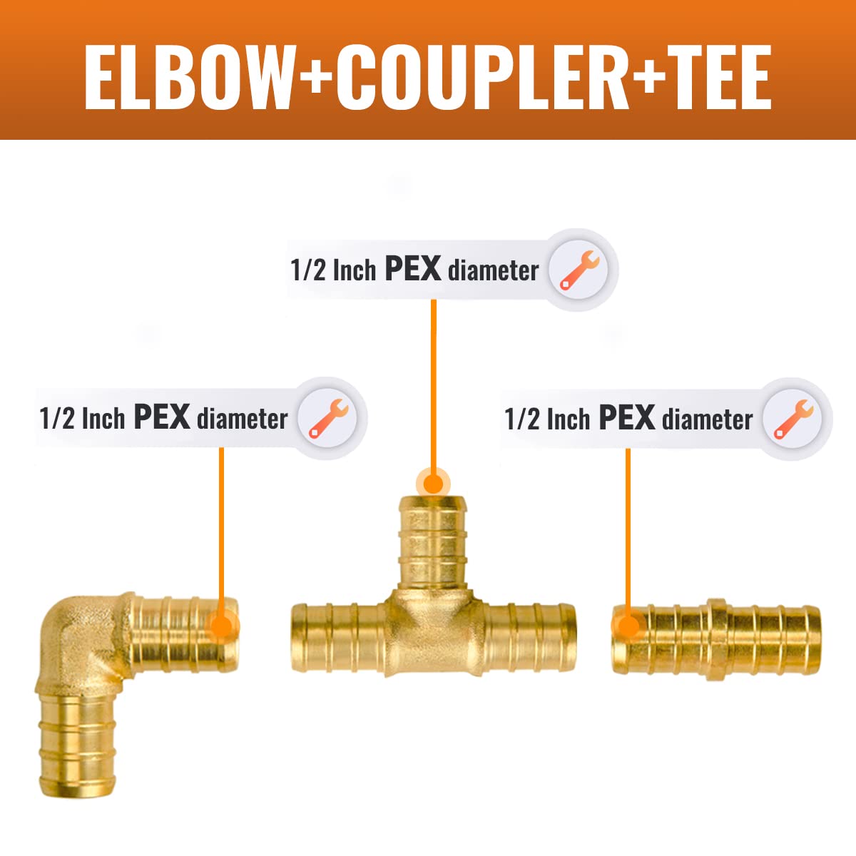 SUNGATOR 15-Pack 1/2 Inch PEX Fittings, 5 Each Elbow Tee Coupling, No Lead Brass, Pex Fittings 1/2 Inch Assortment, UPC, NSF Certified