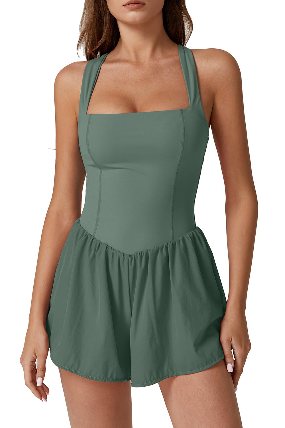 QINSEN Women's Square Neck Sleeveless Romper Jumpsuit Casual Summer One Piece Outfit with Pocket