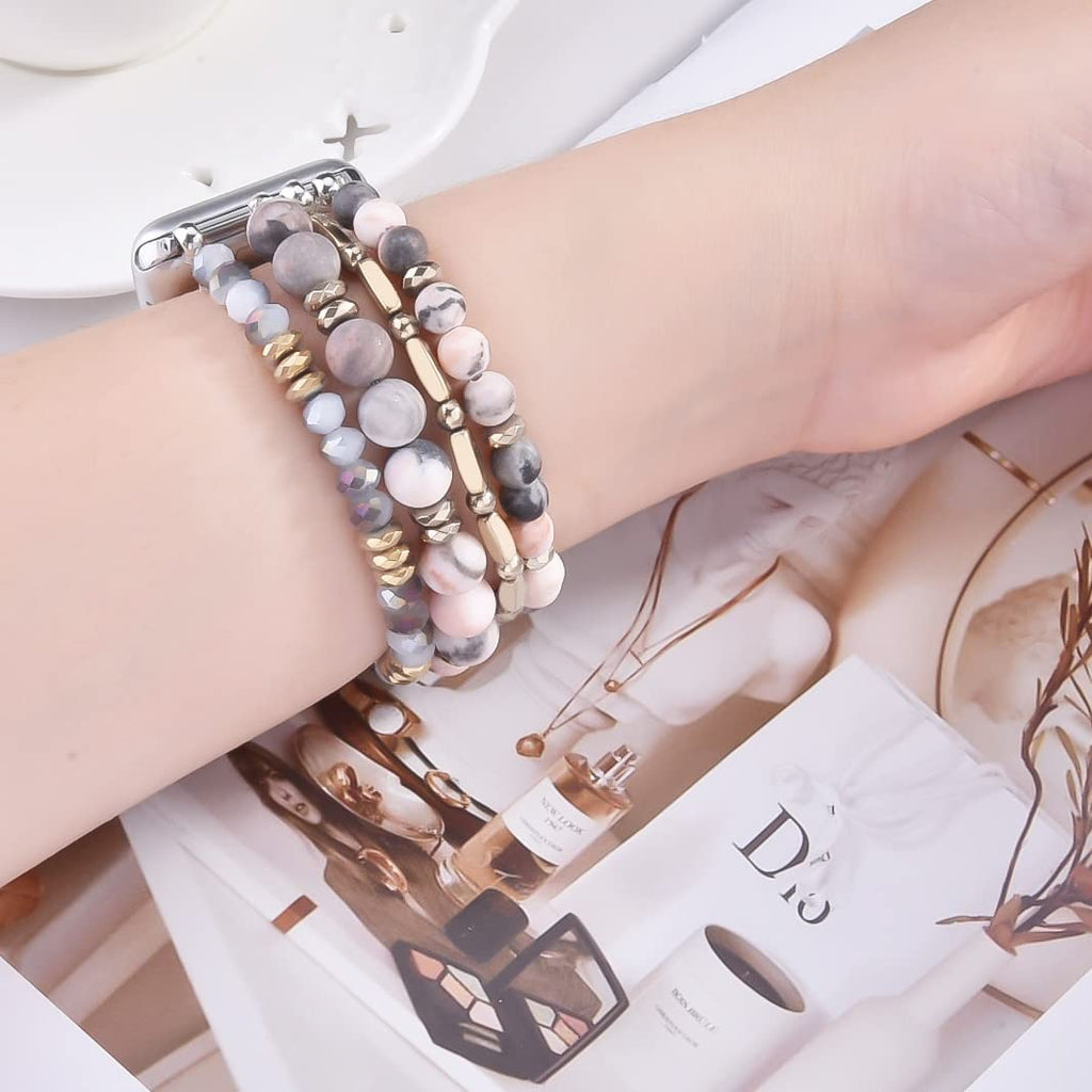 VISOOM Beaded Boho Bracelet Compatible for Apple Watch Band 40mm/38mm/41mm/42mm Series 11 10 9 8 7 SE Series 6/5/4 Women Fashion Cute Handmade Crystal Beads Stretchy Watch Strap for iWatch Bands 3/2/1