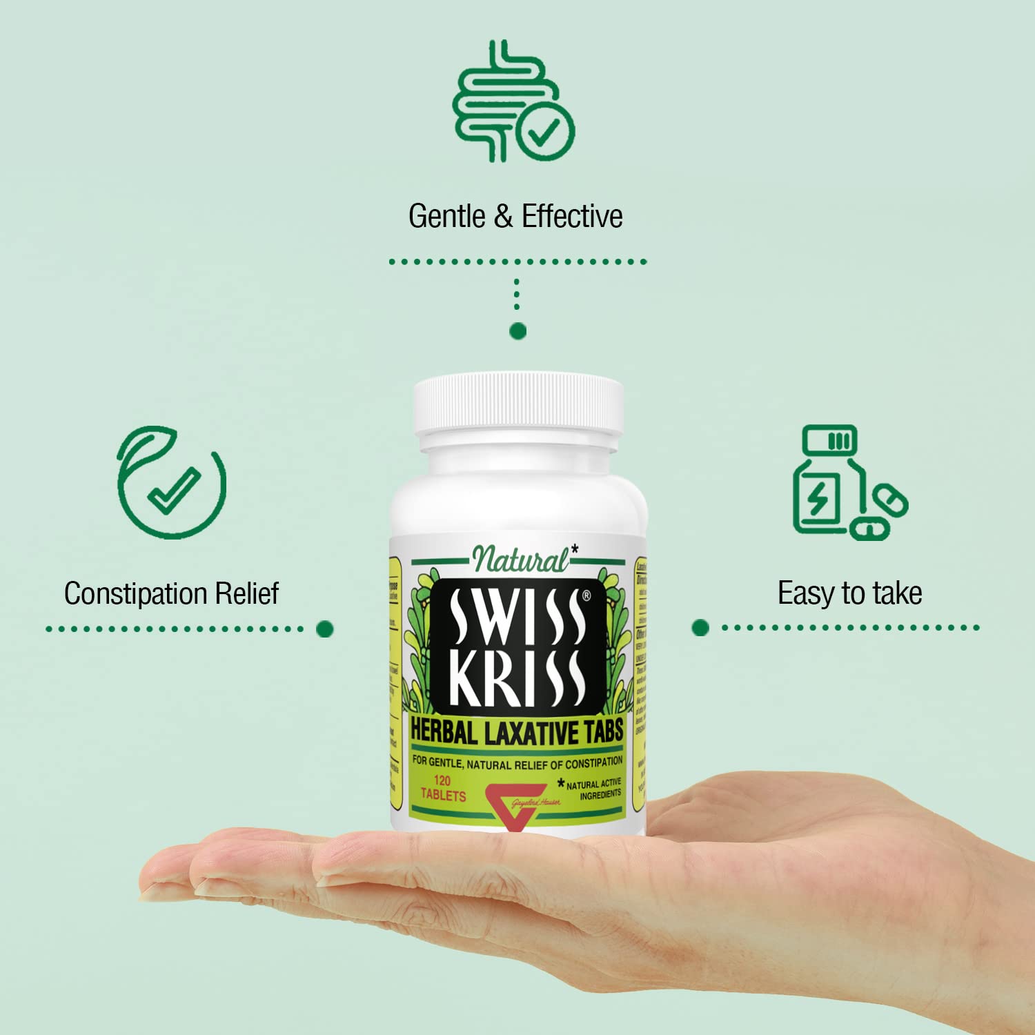 Swiss Kriss Herbal Laxative Tablets, Gentle & Natural Laxatives for Constipation Relief for Adults & Children Over Age 6, Works in 6-12 Hours, Senna Laxative, 120 Tablets Total