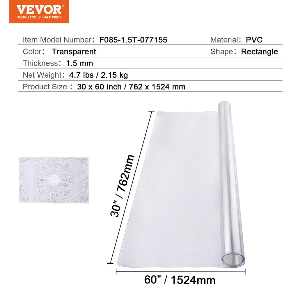 VEVOR Clear PVC Square Tablecloth, 12" x 12", 1.5mm Thick, Waterproof, Stain Resistant, Durable, Desk, Coffee Table, Dining Room Table