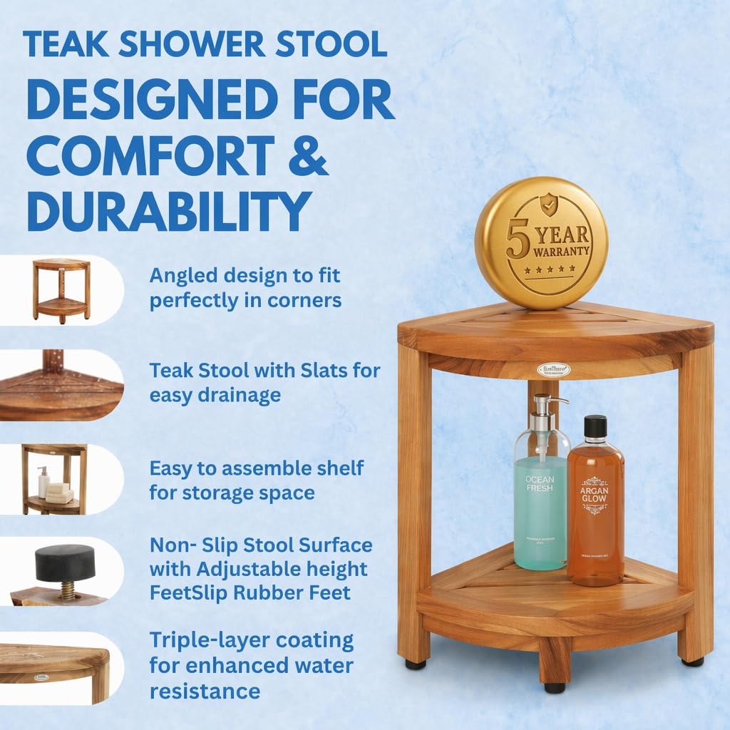 DecoTeak Teak Corner Shower Shelf – 2 Tier Waterproof Bathroom Storage Organizer Compact Wood Storage | Water-Resistant Design | Space Saver for Showers & Small Bathrooms | Shaving Foot Rest