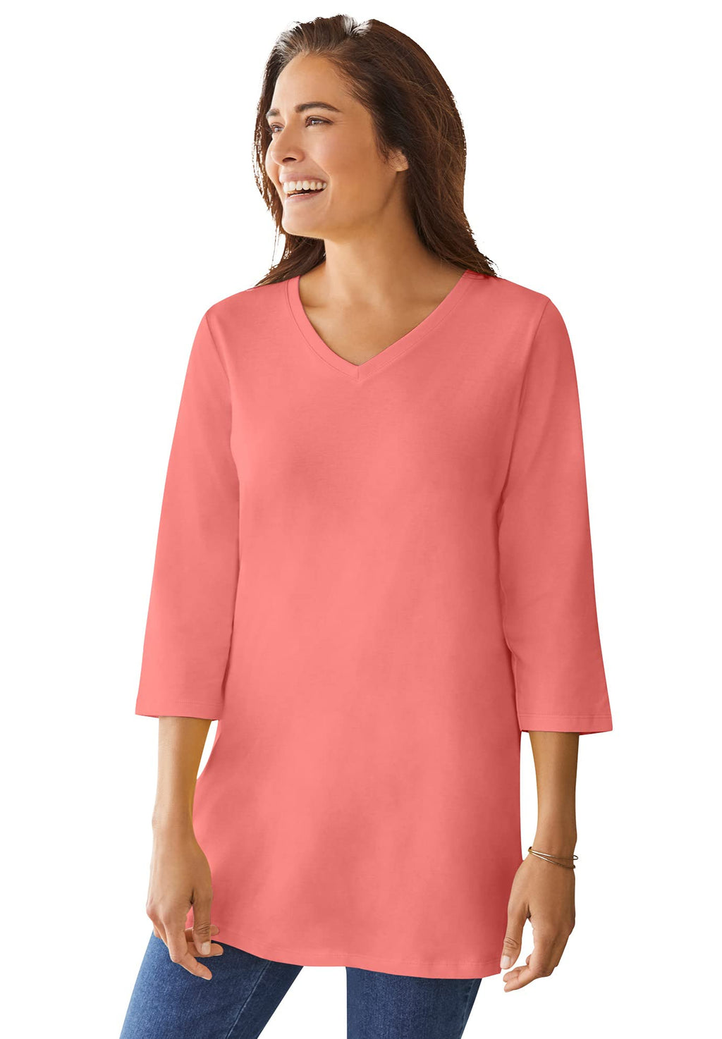 Woman Within Plus Size Perfect Three-Quarter Sleeve V-Neck Tunic
