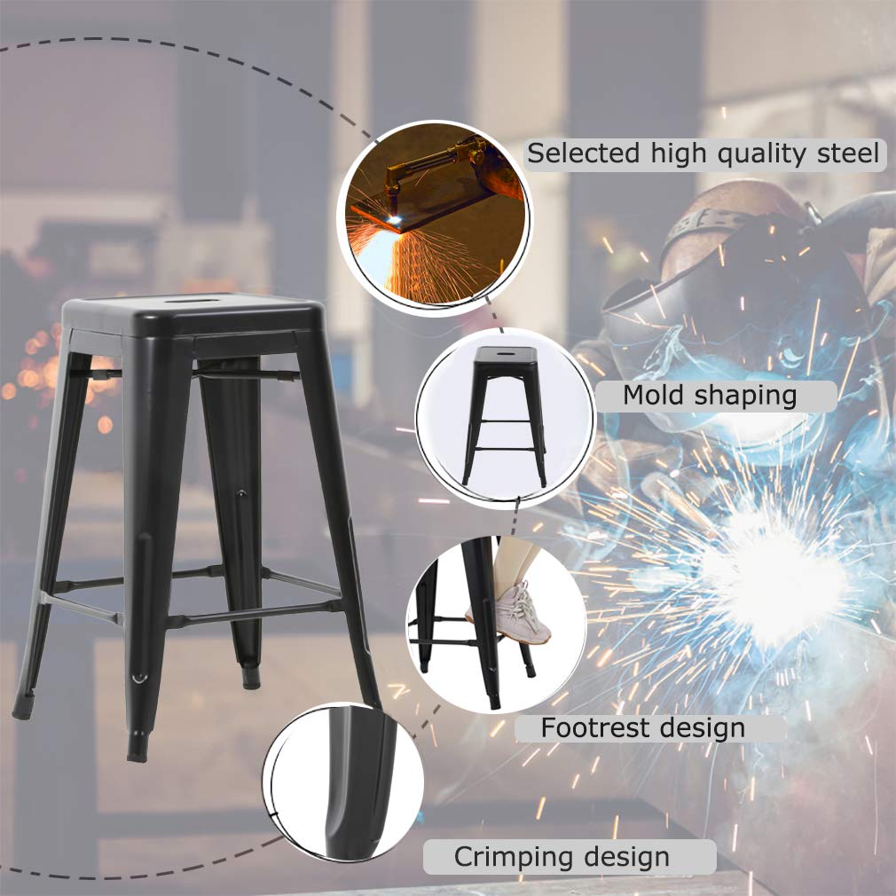 FDW Metal Bar Stools Set of 4 Counter Height Bar Stools 24 Inches Industrial Bar Chairs Patio Stool Stackable Backless Stool Indoor Outdoor Metal Kitchen Stools Bar Chairs (Black, 24")