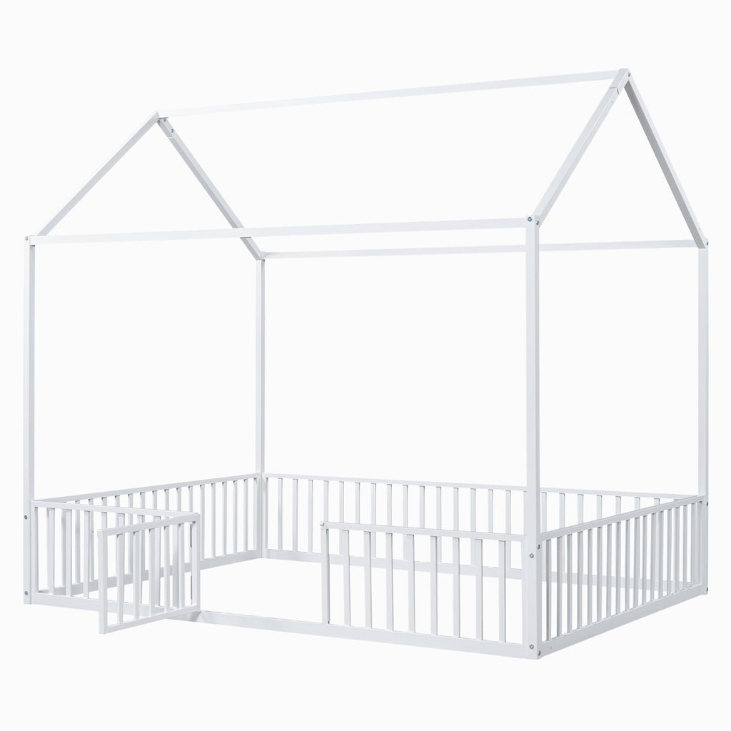 Bellemave Twin Size Montessori Floor Bed, Metal House Bed Framefor Kids, Montessori Floor Beds with Fence, Playhouse for Kids,Black