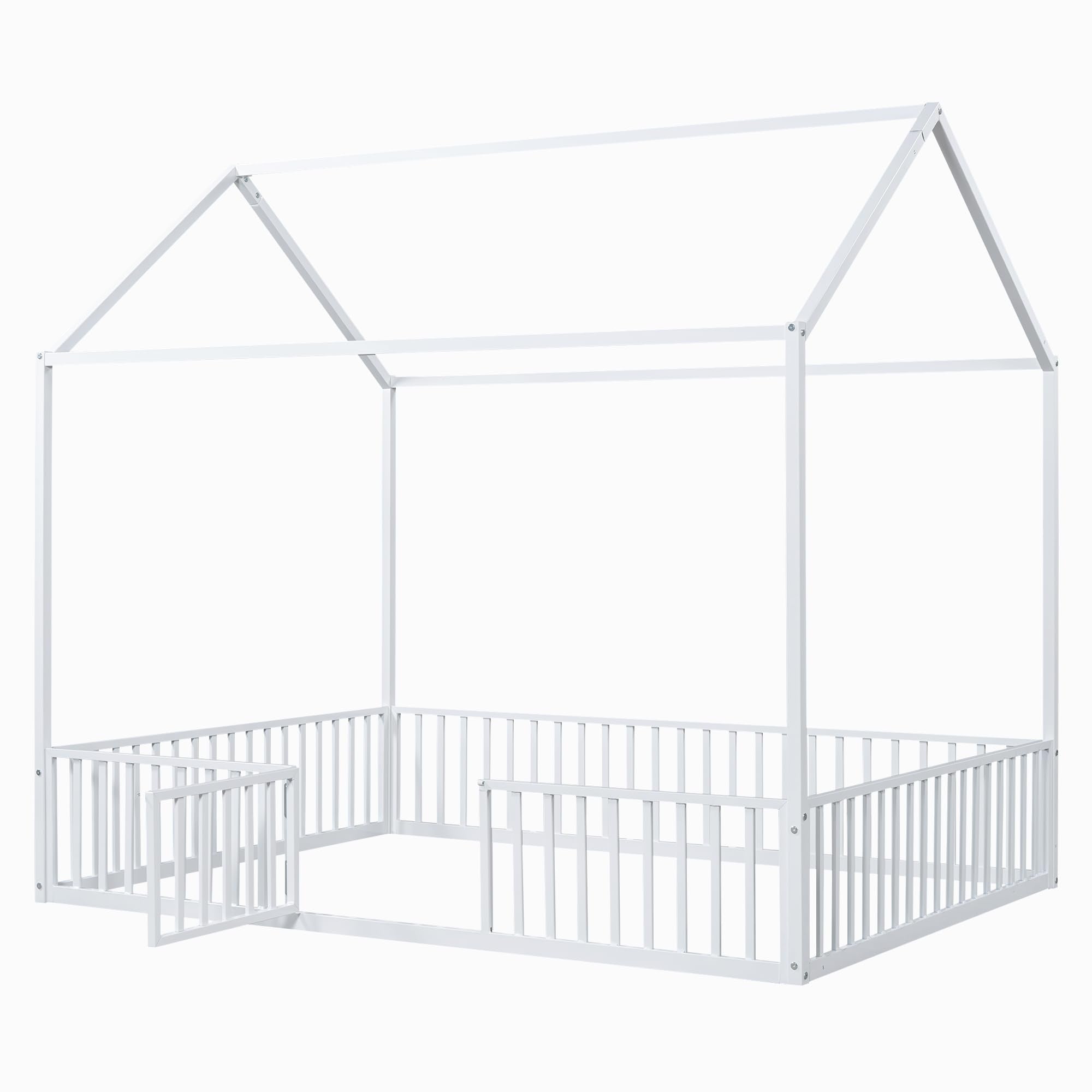 Bellemave Twin Size Montessori Floor Bed, Metal House Bed Framefor Kids, Montessori Floor Beds with Fence, Playhouse for Kids,Black