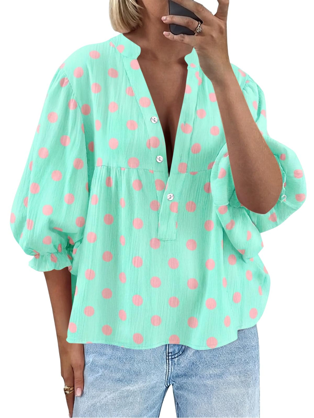 Tankaneo Womens Puff Sleeve Babydoll Tops Summer V Neck Striped Blouse Cute Casual Loose Fit Flowy Shirts