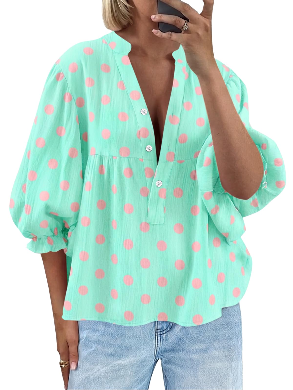 Tankaneo Womens Puff Sleeve Babydoll Tops Summer V Neck Striped Blouse Cute Casual Loose Fit Flowy Shirts
