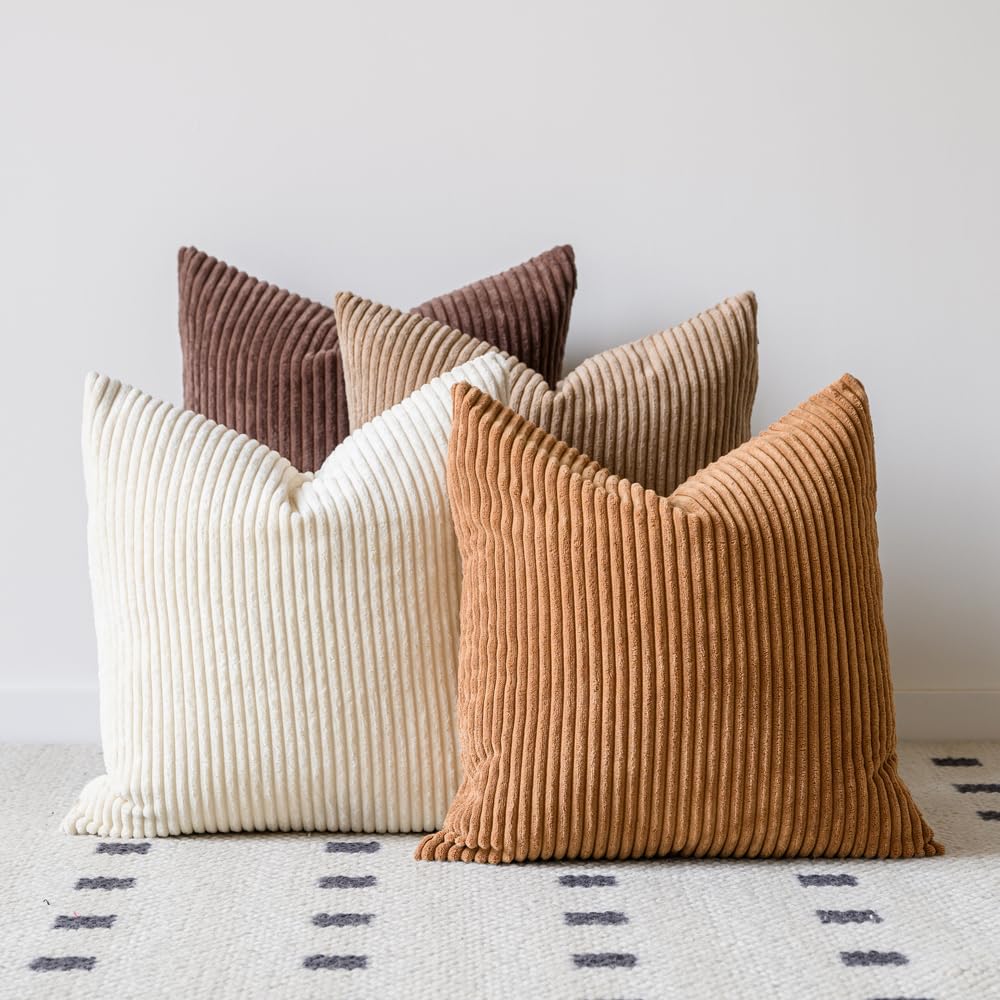 LANANAS Neutral Couch Throw Pillow Covers 18x18 Inch Set of 4 Decorative Farmhouse Boho Throw Pillows for Living Room, Couch, Bed, Sofa Soft Corduroy Accent Home Decor (Blue Ocean, 18x18 Inch)