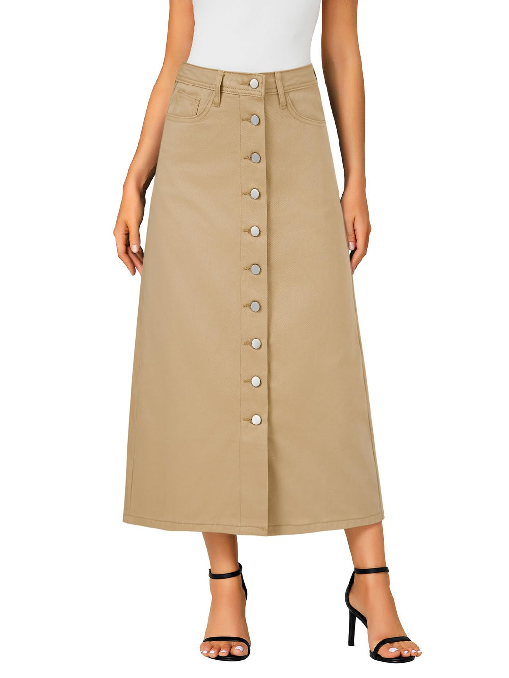 Vrtige Women's Casual Button Down High Waisted A Line Jean Midi Long Denim Skirt with Pockets