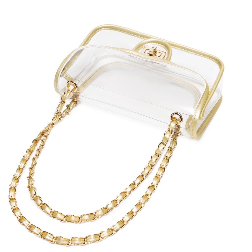 Womens PVC Clear Purse Handbag with Chain Stadium Approved Clear Bag See Through Bag for Working and Concert