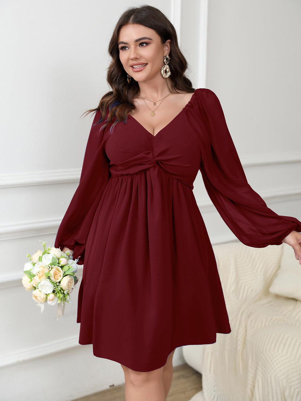 SCOMCHIC Women's Plus Size Puff Long Sleeve Dresses Sweetheart Neckline A Line Short Wedding Guest Cocktail Dress