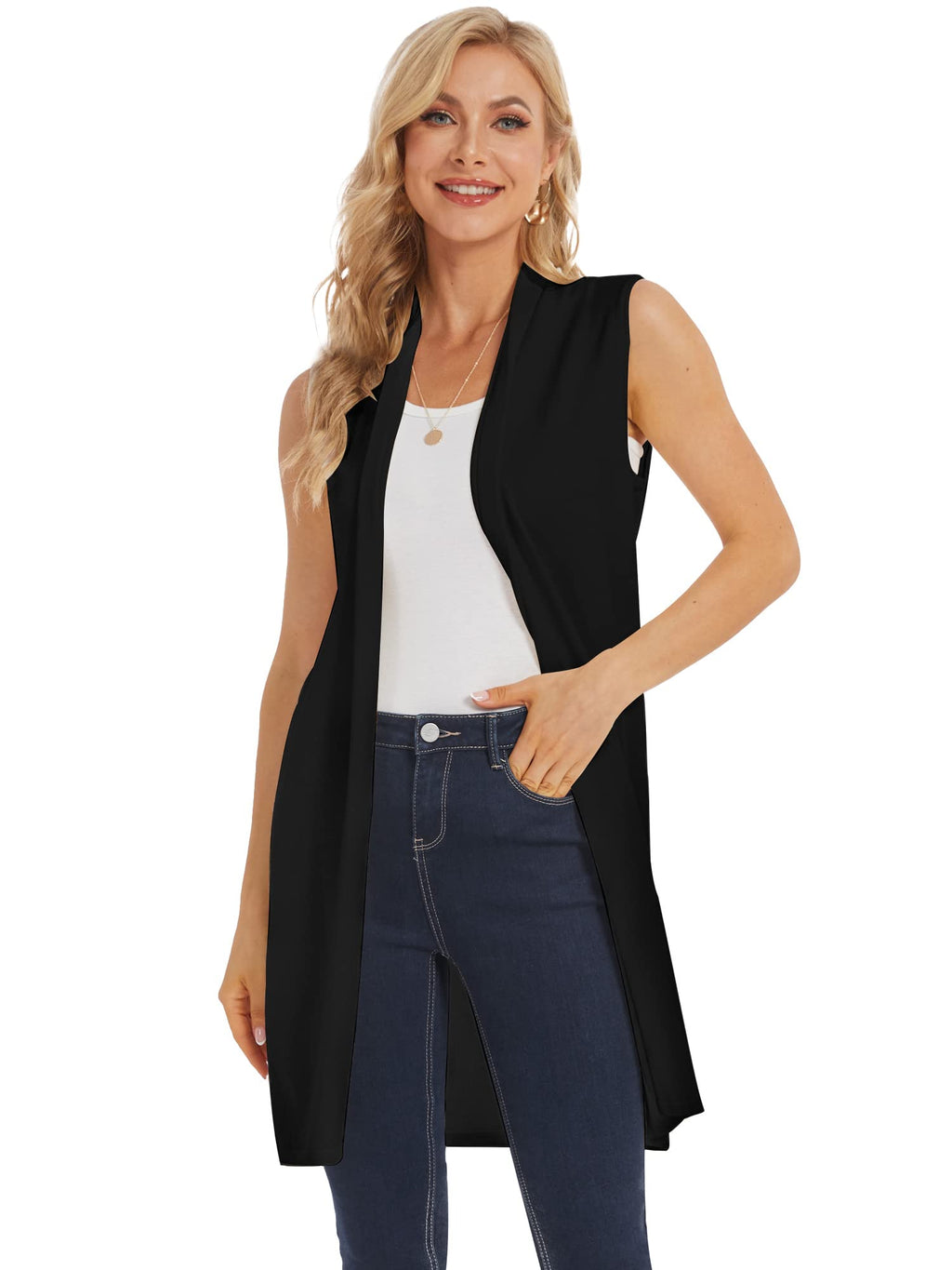 Moss Rose Women's Long Knit Cardigan Vest Casual Sleeveless Open Front Draped Duster Vest (Available in Plus Size)