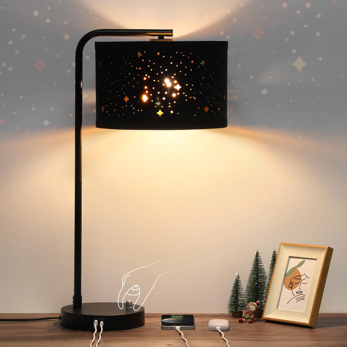 Table Lamps Set of 2, Fully Dimmable Bedside Lamp with USB C+A Charging Ports, Modern Nightstand Lamps with Linen Fabric Shades, Tall Desk Lamp for Bedroom, Living Room, Office, LED Bulb Included