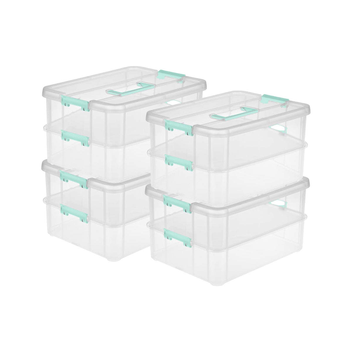 Sterilite 4-Pack Stack & Carry, 2 Layer Handle Box for Home & Office Storage - Clear Base & Lid with Color Latches, Organizer for Art & Craft Supplies, Sewing Tools or 8.5" x 11" Paper