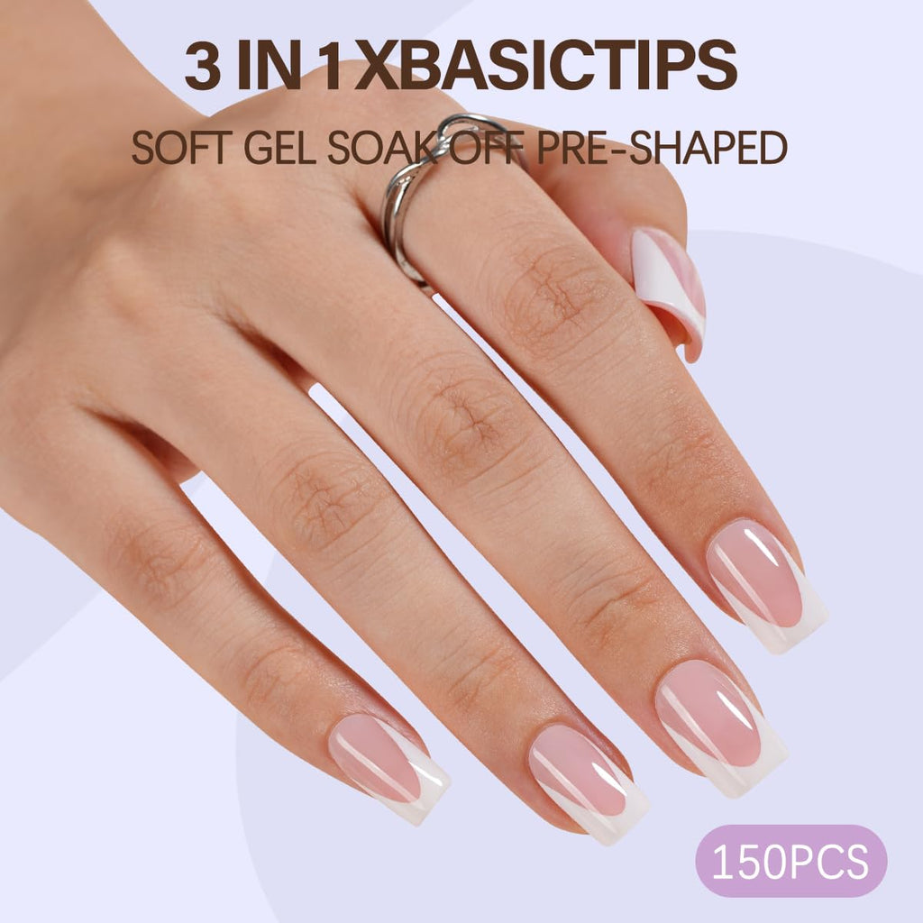 Misssix XBASICTIPS French Tip Press On Nails, 300Pcs French Gel Nail Tips Long Square, Soft Gel Pre-shaped No Need to File 3 in 1 Tips, Fake Nails for Nail Art DIY Extension Designs 15 Sizes