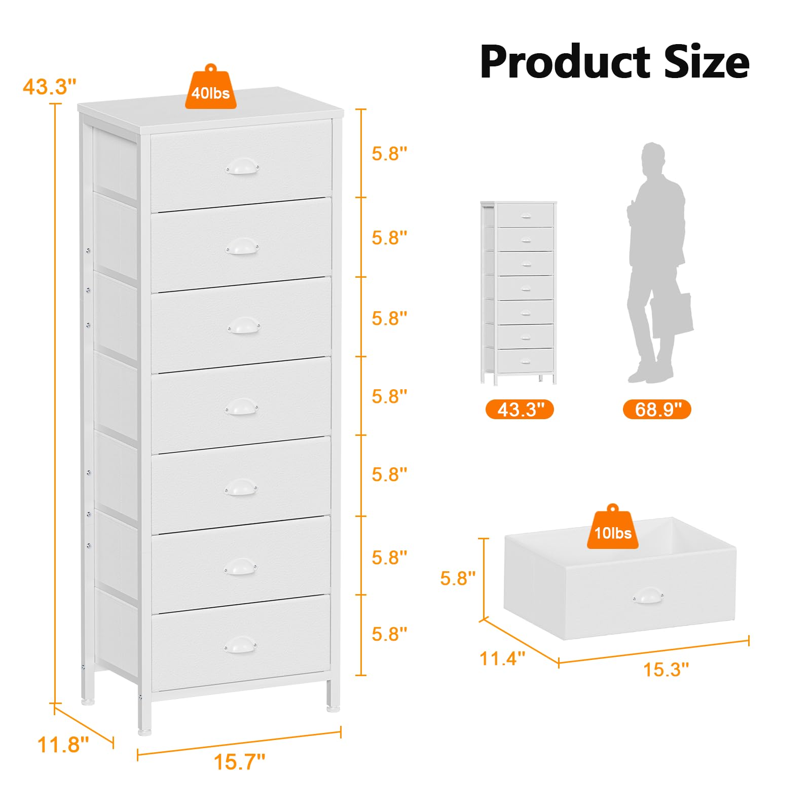 Furnulem Tall Dresser with 6 Drawers,Vertical Bedside End Table & Chest for Bedroom,Black Storage Tower Dorm Nightstand with Fabric Drawer Organizer Unit Furniture in Living Room,Closet,Hallyway