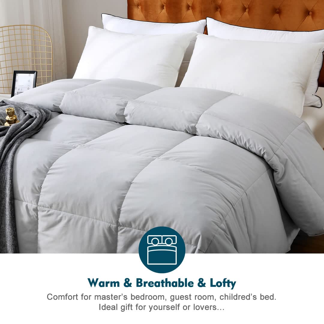 Gray Feathers Down Comforter Twin - 100% Organic Cotton, Medium Warm All Seasons Machine Washable Duvet Insert with Tabs (68x90, Mirage Grey)