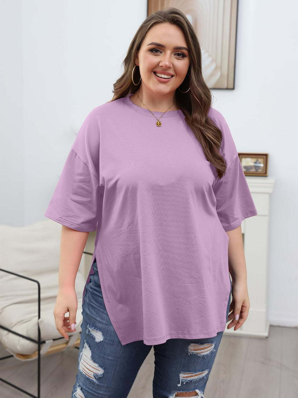 VNIRA Plus Size T Shirt for Women Oversized Cotton Short Sleeve Workout Top Loose Fit Side Split Casual Basic Tunic Top