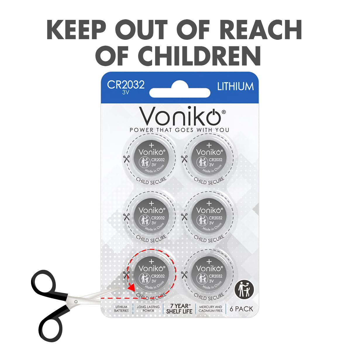 Voniko CR2032 3V Lithium Batteries 6 Pack for Child Safety, Compatible with AirTag, Key Fobs, Thermometers, Scales – 7 Years Shelf Life