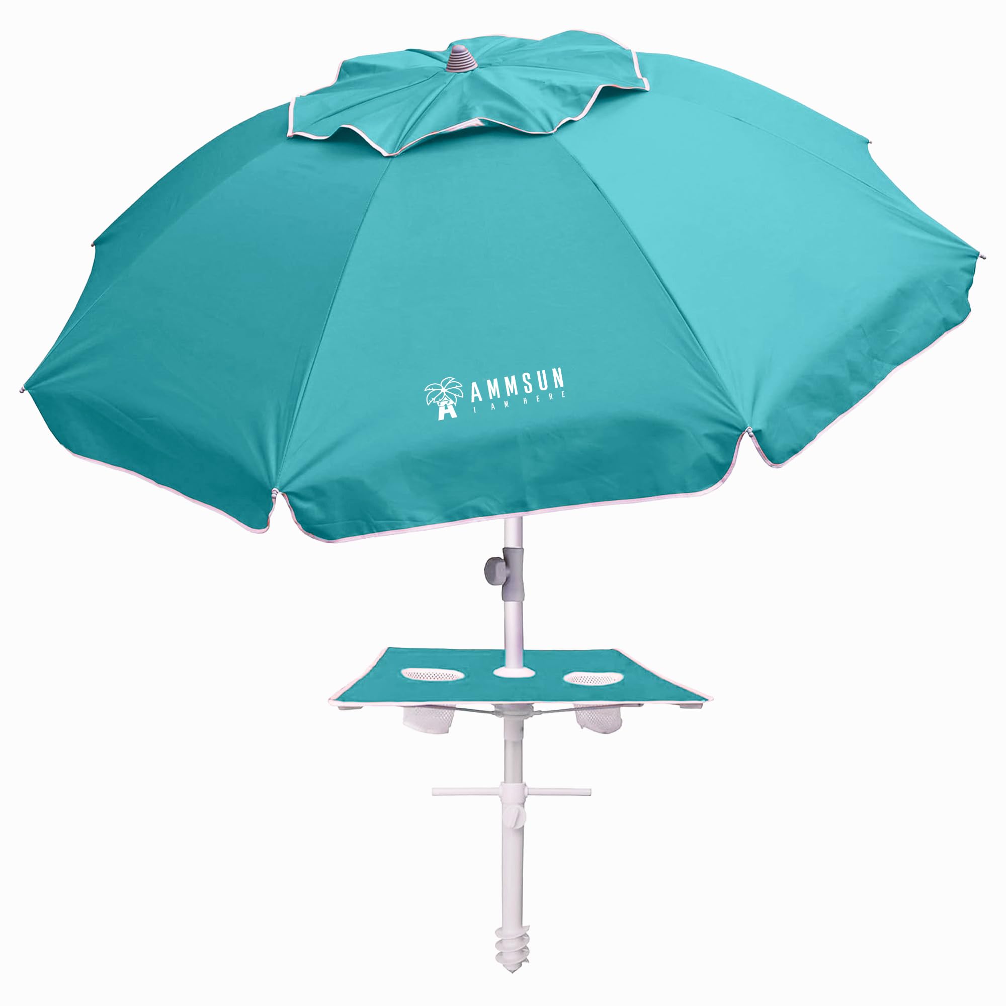 AMMSUN 7ft Heavy Duty High Wind Beach Umbrella with sand anchor, Built-in Table Tray Vent Tilt Pole, UPF 50+ Windproof Portable Outdoor Umbrellas Carry Bag for Patio Garden Pool Backyard stripe