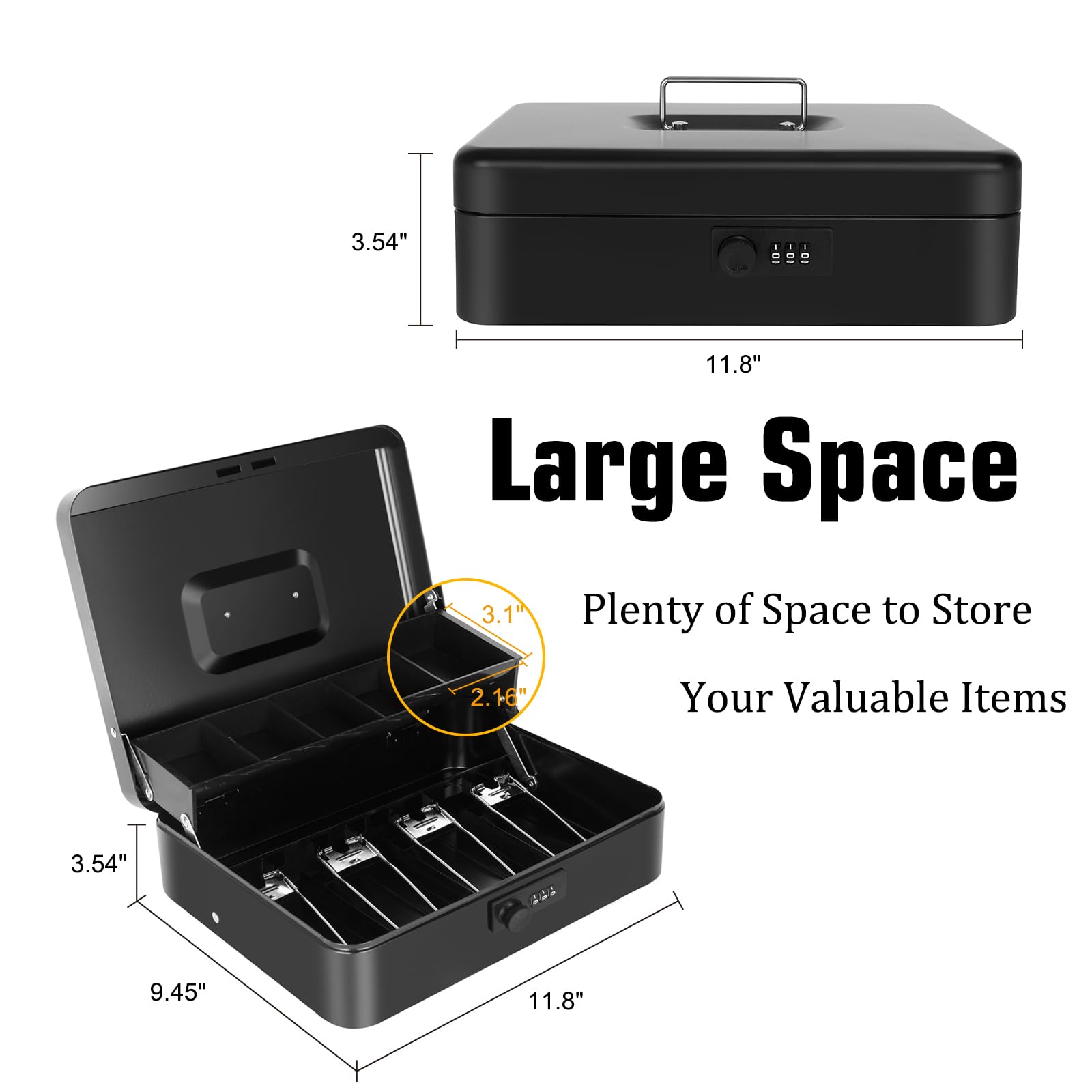Cash Box with Money Tray and Key Lock, Saving Lock Box with Money Tray Storage for Cash Register 11.8"x9.45"x3.54" Black XL Large