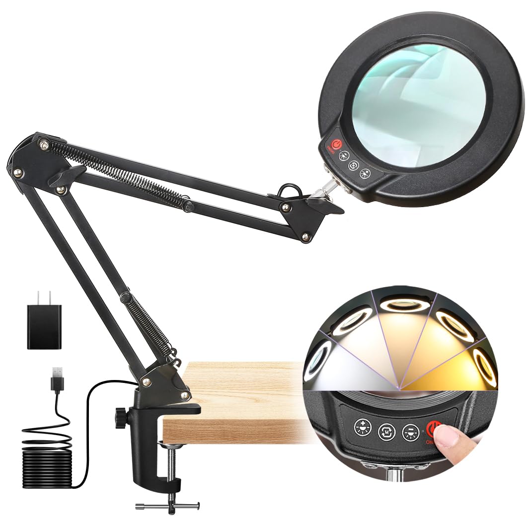 12X Magnifying Glass with Light and Stand, Real Glass, 5 Color Modes, Brightness Stepless Dimmable Lighted Magnifier Hands Free, 2-in-1 Desk Lamp & Clamp Light, Magnifier Lamp for Close Work, Reading