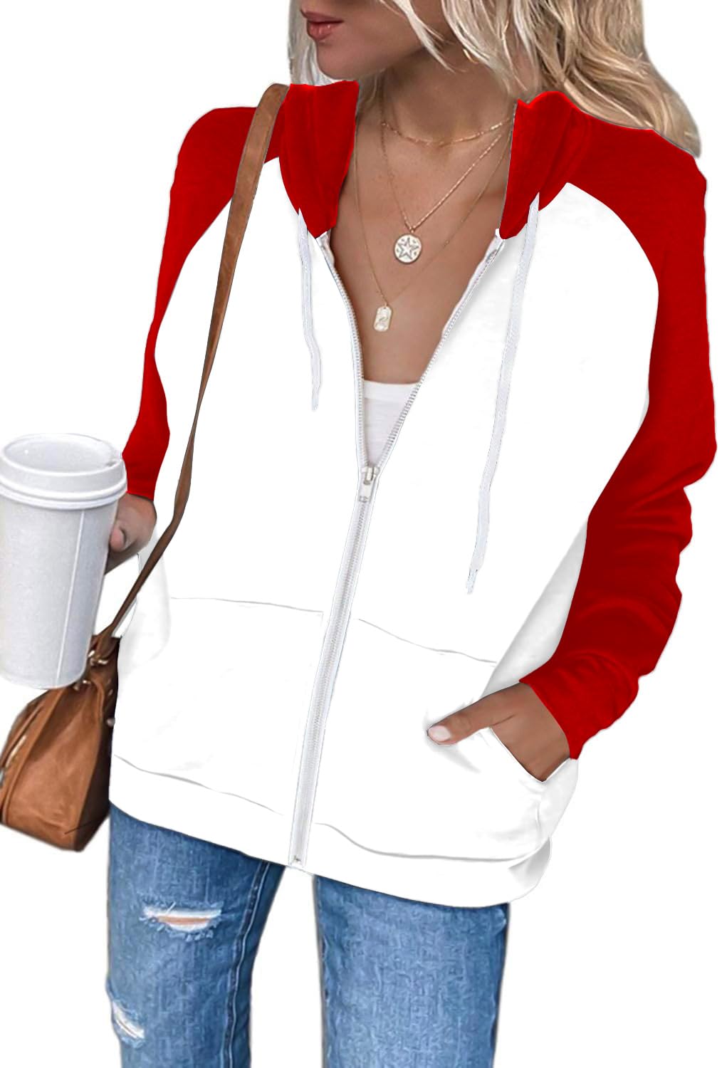 EZBELLE Women's Color Block Zip Up Hoodie Sweatshirt Casual Long Sleeve Jacket Sweater with Pockets