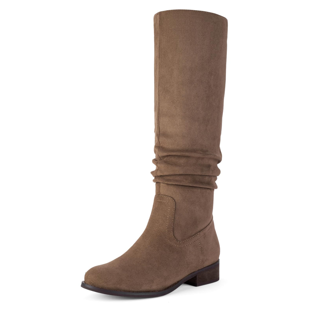 Shoe'N Tale Women's Knee High Boots Flat Low Heel Slouch Pointed Toe Winter Shoes with Side Zipper