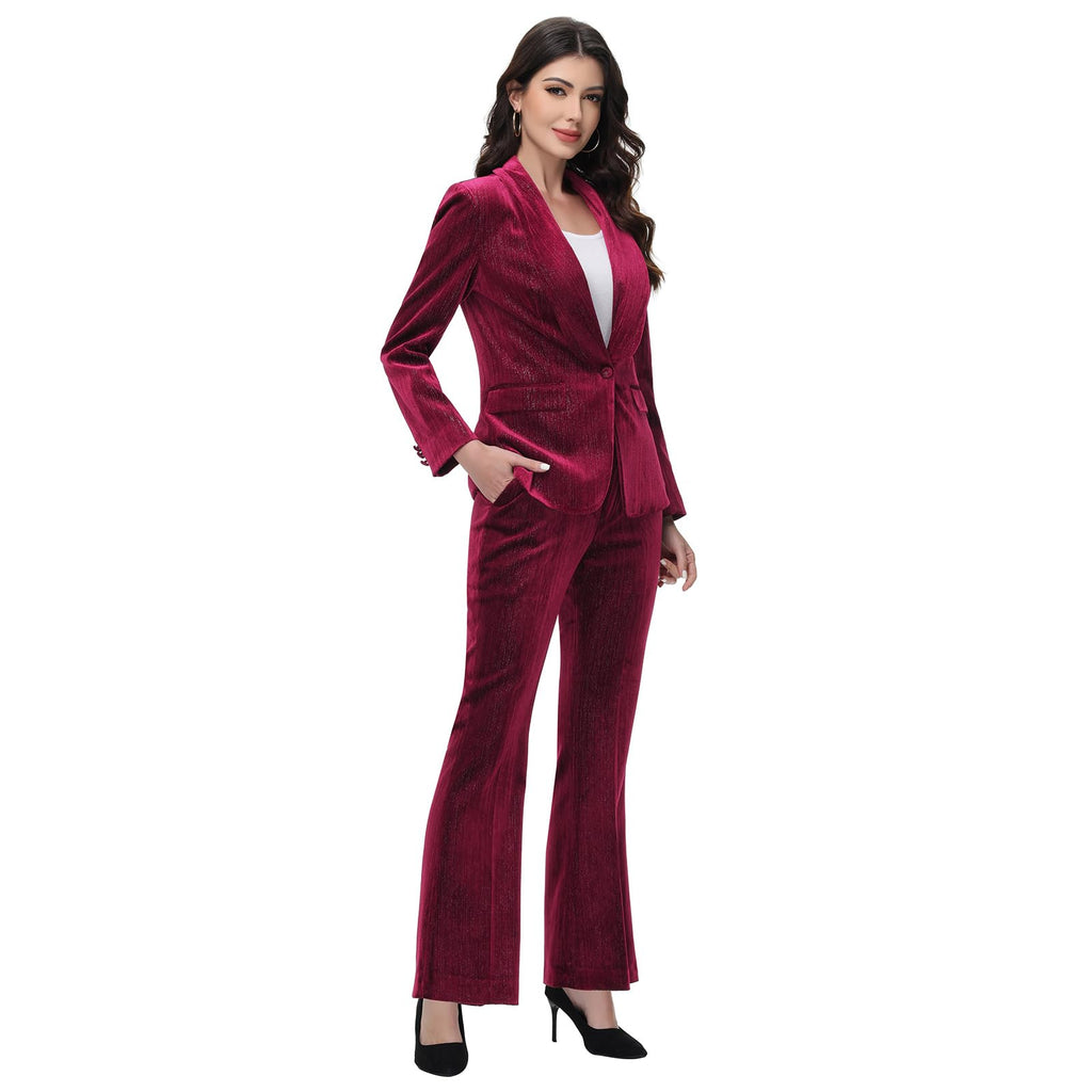 Lamgool Women Pantsuit Dressy Silver Thread Velvet 2 Piece Suit Set Blazer and Flared Pants
