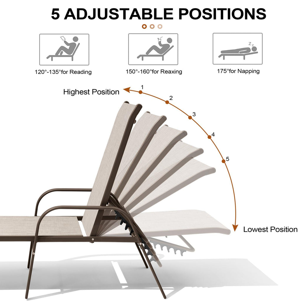 Crestlive Products Chaise Lounge Chair Outdoor with Armrests, Pool Lounge Chairs Set of 2, Aluminum Adjustable 5 Positions Sun Tanning Lounger for Patio, Poolside, Yard, Deck, Backyard (Beige)
