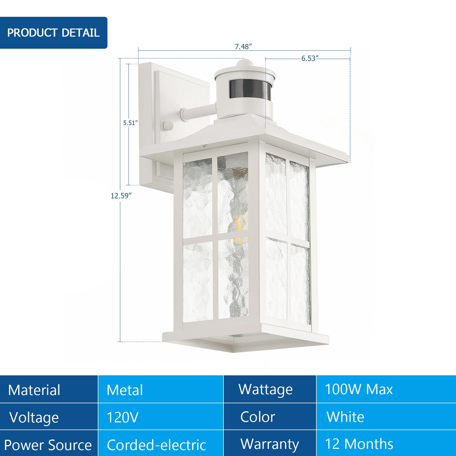 FLEDAVID Motion Sensor Outdoor Wall Light Fixtures Dusk to Dawn Exterior Porch Lantern White Outside Sconce Lighting Rustic Wall Mount Lamp with Water Ripple Glass for House Garage Patio Entryway