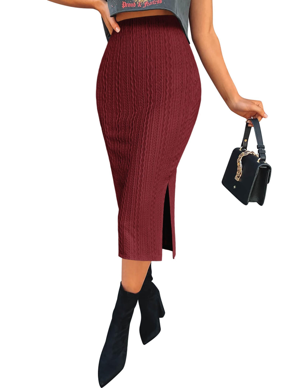 Zeagoo Womens Knit Midi Skirts Casual Pencil Skirt High Waisted Long Skirt with Slit Elegant Work Office Skirts
