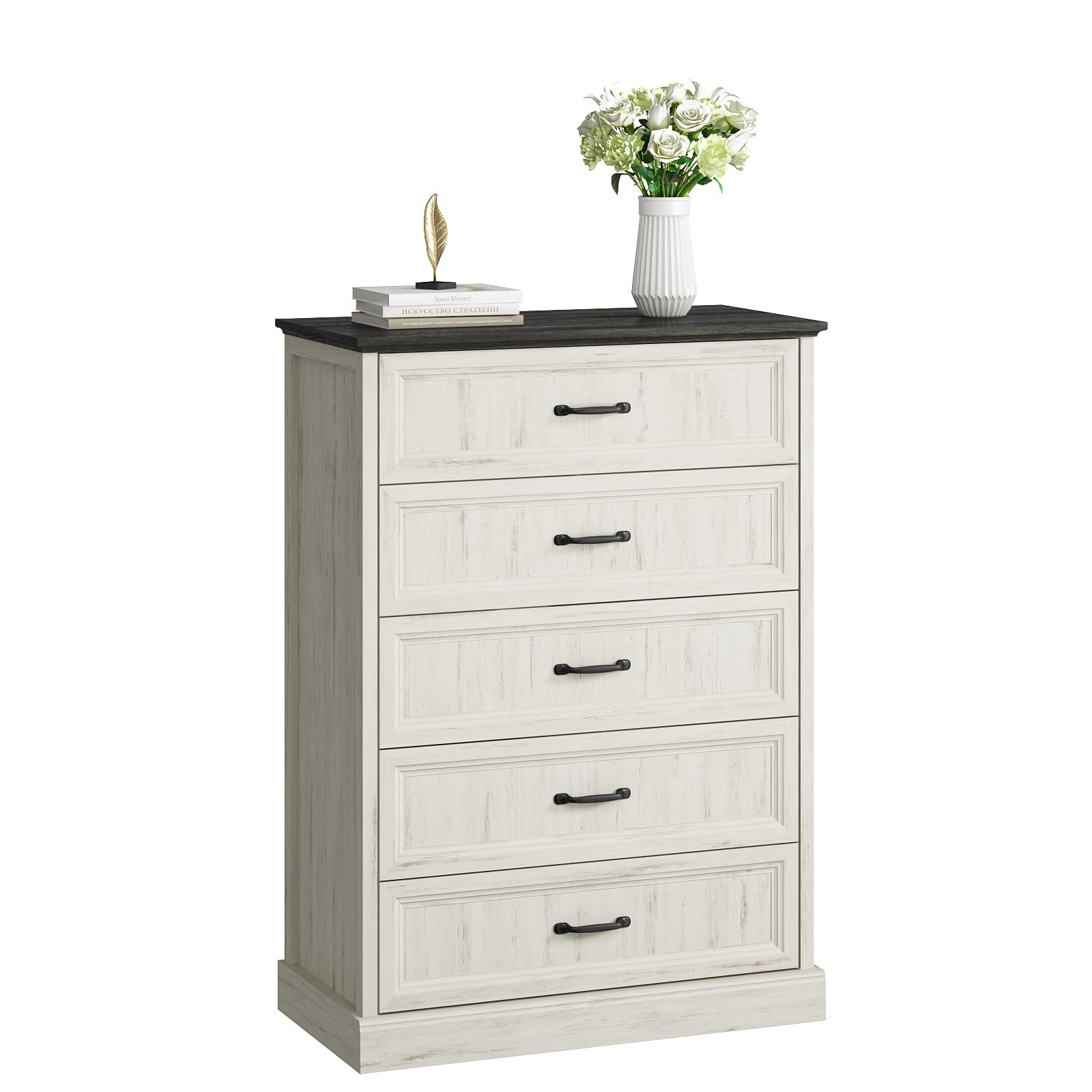 Farmhouse 5 Drawers Dresser for Bedroom, 44" Tall Brown dresser Wood Rustic Chest of Drawers with Wide Metal Handle,Natural Texture,Drawer Organizer for Bedroom,Living Room,Hallway and Entryway