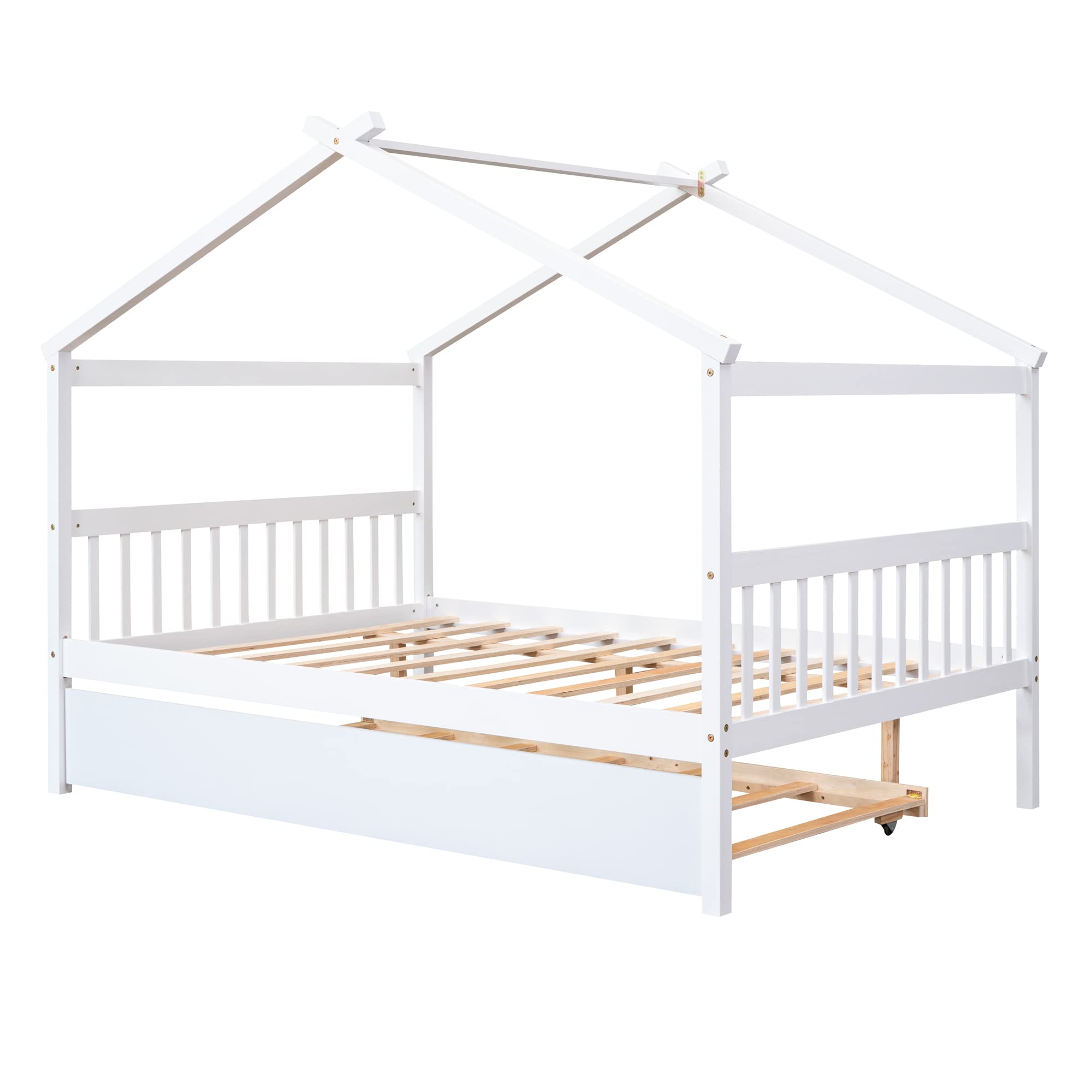 Merax Twin Size Wooden House Bed with Two Drawers, Wood Bed Frame with Roof for Kids, Teens, Boys or Girls, Grey