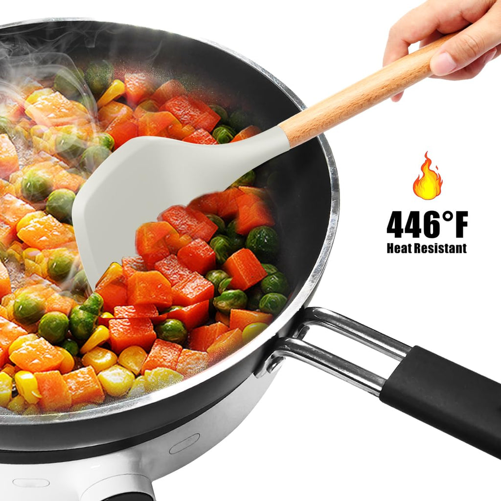oannao Silicone Cooking Utensils Set - 446°F Heat Resistant Silicone Kitchen Utensils for Cooking,Kitchen Utensil Spatula Set w Wooden Handles, BPA FREE Gadgets for Non-Stick Cookware (Black)