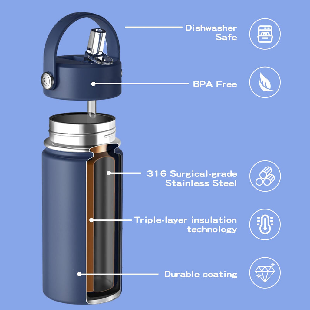 OISIZ Kids Water Bottle with Straw Lid 14oz, Vacuum Insulated 316 Stainless Steel Water Bottles for Kids for School, Leakproof Water Bottle, BPA Free and Keep Cold for 24 Hours