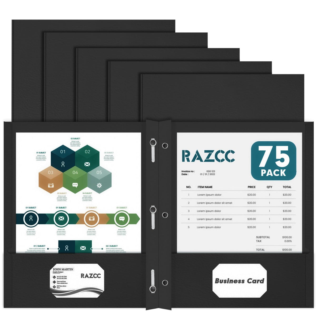 Two Pocket Folders, RAZCC 75 Pack Two Pocket Folders with Prongs, 3 Prong Pocket Folders Letter Size, Paper Folders with Prongs for School Office Home Business, Assorted 5 Colors