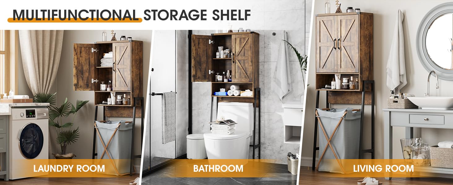 Vabches Over The Toilet Storage Cabinet with 2-Door Design Bathroom Organizers and Storage with Anti-Tip Device Over Toilet Organizer with Shelves for Bathroom,Restroom,Laundry Black