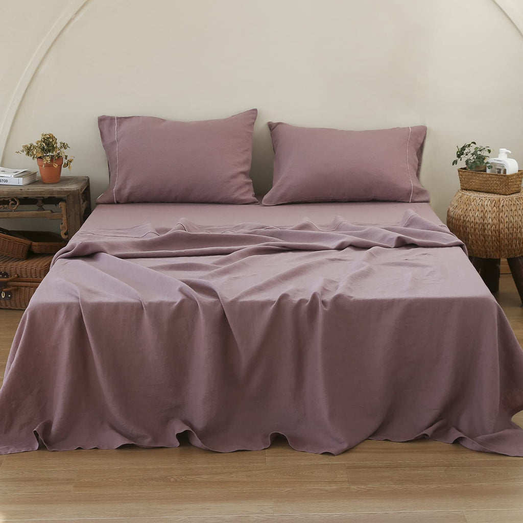 Simple&Opulence 100% Pure Linen Sheet Set Twin Size, Natural French Flax Solid Color 3 Pcs Washed Breathable, Farmhouse Bedding (1 Flat Sheet,1 Fitted Sheet,1 Pillowcase)-Embroidery Dark Grey