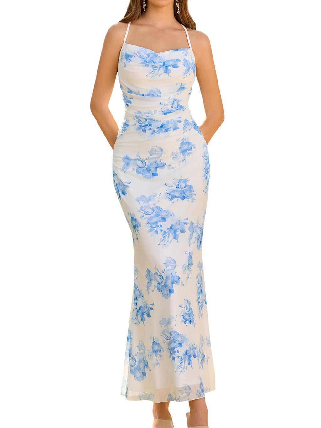 URYIAO Women's Summer 2026 Floral Spaghetti Strap Maxi Dress Sleeveless Ruched Mesh Bodycon Long Wedding Guest Dresses