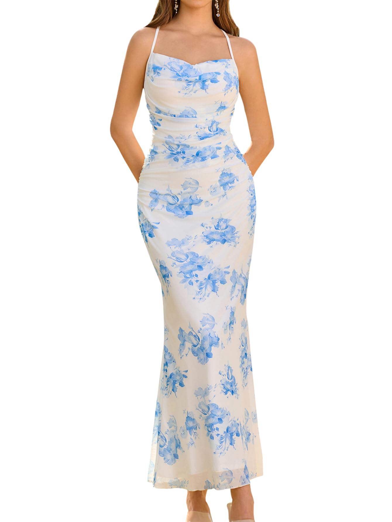 URYIAO Women's Summer 2026 Floral Spaghetti Strap Maxi Dress Sleeveless Ruched Mesh Bodycon Long Wedding Guest Dresses